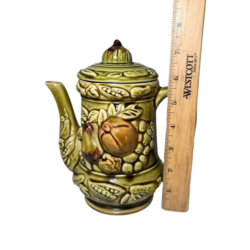 Vintage Ceramic Olive Green Teapot Fruit Veggies Decor Made in Japan